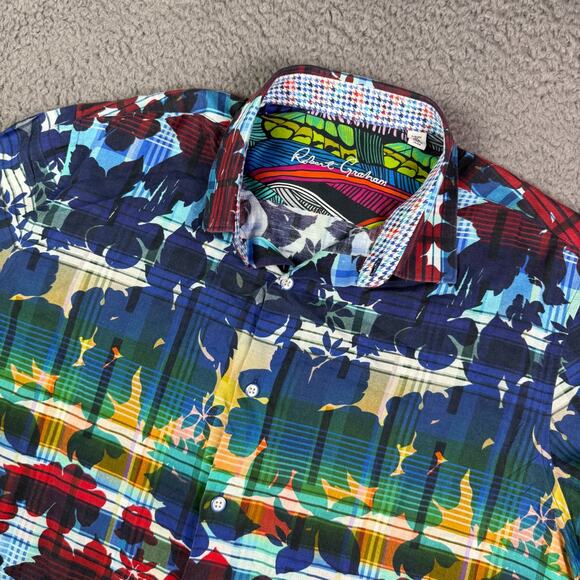 Robert Graham Shirt Mens XL Multicolored Floral Art Linen Hawaiian Short Sleeve - Picture 1 of 8
